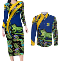Saint Vincent and the Grenadines Iguana Couples Matching Long Sleeve Bodycon Dress and Long Sleeve Button Shirt with Tropical Leaf Pattern and National Flag - Wonder Print Shop