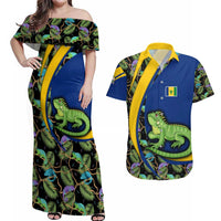 Saint Vincent and the Grenadines Iguana Couples Matching Off Shoulder Maxi Dress and Hawaiian Shirt with Tropical Leaf Pattern and National Flag - Wonder Print Shop