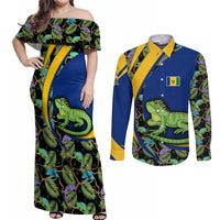 Saint Vincent and the Grenadines Iguana Couples Matching Off Shoulder Maxi Dress and Long Sleeve Button Shirt with Tropical Leaf Pattern and National Flag - Wonder Print Shop
