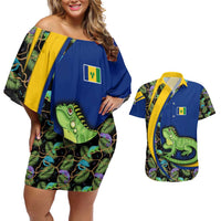 Saint Vincent and the Grenadines Iguana Couples Matching Off Shoulder Short Dress and Hawaiian Shirt with Tropical Leaf Pattern and National Flag - Wonder Print Shop