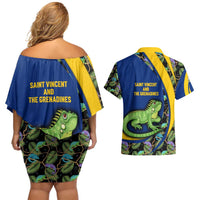 Saint Vincent and the Grenadines Iguana Couples Matching Off Shoulder Short Dress and Hawaiian Shirt with Tropical Leaf Pattern and National Flag - Wonder Print Shop