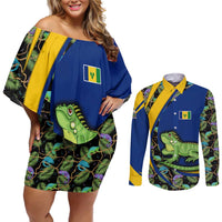 Saint Vincent and the Grenadines Iguana Couples Matching Off Shoulder Short Dress and Long Sleeve Button Shirt with Tropical Leaf Pattern and National Flag - Wonder Print Shop