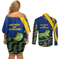 Saint Vincent and the Grenadines Iguana Couples Matching Off Shoulder Short Dress and Long Sleeve Button Shirt with Tropical Leaf Pattern and National Flag - Wonder Print Shop