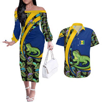 Saint Vincent and the Grenadines Iguana Couples Matching Off The Shoulder Long Sleeve Dress and Hawaiian Shirt with Tropical Leaf Pattern and National Flag - Wonder Print Shop