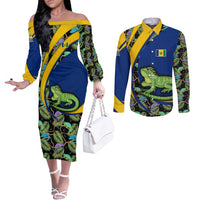 Saint Vincent and the Grenadines Iguana Couples Matching Off The Shoulder Long Sleeve Dress and Long Sleeve Button Shirt with Tropical Leaf Pattern and National Flag - Wonder Print Shop