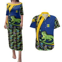Saint Vincent and the Grenadines Iguana Couples Matching Puletasi and Hawaiian Shirt with Tropical Leaf Pattern and National Flag - Wonder Print Shop