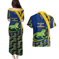 Saint Vincent and the Grenadines Iguana Couples Matching Puletasi and Hawaiian Shirt with Tropical Leaf Pattern and National Flag - Wonder Print Shop