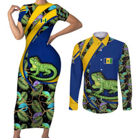Saint Vincent and the Grenadines Iguana Couples Matching Short Sleeve Bodycon Dress and Long Sleeve Button Shirt with Tropical Leaf Pattern and National Flag - Wonder Print Shop