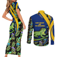 Saint Vincent and the Grenadines Iguana Couples Matching Short Sleeve Bodycon Dress and Long Sleeve Button Shirt with Tropical Leaf Pattern and National Flag - Wonder Print Shop