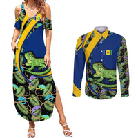 Saint Vincent and the Grenadines Iguana Couples Matching Summer Maxi Dress and Long Sleeve Button Shirt with Tropical Leaf Pattern and National Flag - Wonder Print Shop