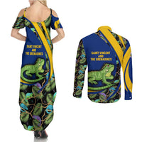 Saint Vincent and the Grenadines Iguana Couples Matching Summer Maxi Dress and Long Sleeve Button Shirt with Tropical Leaf Pattern and National Flag - Wonder Print Shop