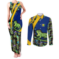 Saint Vincent and the Grenadines Iguana Couples Matching Tank Maxi Dress and Long Sleeve Button Shirt with Tropical Leaf Pattern and National Flag - Wonder Print Shop