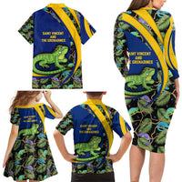 Saint Vincent and the Grenadines Iguana Family Matching Long Sleeve Bodycon Dress and Hawaiian Shirt with Tropical Leaf Pattern and National Flag - Wonder Print Shop