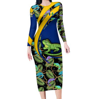 Saint Vincent and the Grenadines Iguana Family Matching Long Sleeve Bodycon Dress and Hawaiian Shirt with Tropical Leaf Pattern and National Flag - Wonder Print Shop