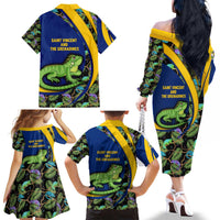 Saint Vincent and the Grenadines Iguana Family Matching Off The Shoulder Long Sleeve Dress and Hawaiian Shirt with Tropical Leaf Pattern and National Flag - Wonder Print Shop