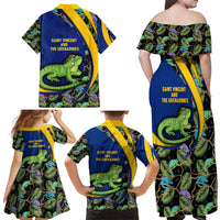 Saint Vincent and the Grenadines Iguana Family Matching Off Shoulder Maxi Dress and Hawaiian Shirt with Tropical Leaf Pattern and National Flag - Wonder Print Shop