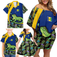 Saint Vincent and the Grenadines Iguana Family Matching Off Shoulder Short Dress and Hawaiian Shirt with Tropical Leaf Pattern and National Flag - Wonder Print Shop