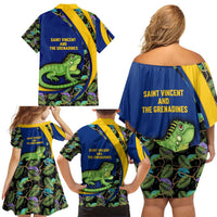 Saint Vincent and the Grenadines Iguana Family Matching Off Shoulder Short Dress and Hawaiian Shirt with Tropical Leaf Pattern and National Flag - Wonder Print Shop