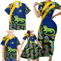 Saint Vincent and the Grenadines Iguana Family Matching Short Sleeve Bodycon Dress and Hawaiian Shirt with Tropical Leaf Pattern and National Flag - Wonder Print Shop