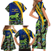 Saint Vincent and the Grenadines Iguana Family Matching Short Sleeve Bodycon Dress and Hawaiian Shirt with Tropical Leaf Pattern and National Flag - Wonder Print Shop
