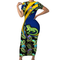Saint Vincent and the Grenadines Iguana Family Matching Short Sleeve Bodycon Dress and Hawaiian Shirt with Tropical Leaf Pattern and National Flag - Wonder Print Shop