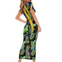 Saint Vincent and the Grenadines Iguana Family Matching Short Sleeve Bodycon Dress and Hawaiian Shirt with Tropical Leaf Pattern and National Flag - Wonder Print Shop