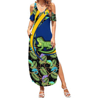 Saint Vincent and the Grenadines Iguana Family Matching Summer Maxi Dress and Hawaiian Shirt with Tropical Leaf Pattern and National Flag - Wonder Print Shop