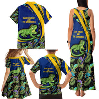 Saint Vincent and the Grenadines Iguana Family Matching Tank Maxi Dress and Hawaiian Shirt with Tropical Leaf Pattern and National Flag - Wonder Print Shop