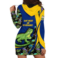 Saint Vincent and the Grenadines Iguana Hoodie Dress with Tropical Leaf Pattern and National Flag - Wonder Print Shop