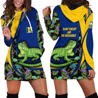 Saint Vincent and the Grenadines Iguana Hoodie Dress with Tropical Leaf Pattern and National Flag - Wonder Print Shop
