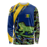 Saint Vincent and the Grenadines Iguana Long Sleeve Shirt with Tropical Leaf Pattern and National Flag - Wonder Print Shop