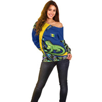 Saint Vincent and the Grenadines Iguana Off Shoulder Sweater with Tropical Leaf Pattern and National Flag - Wonder Print Shop