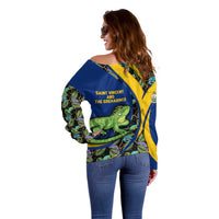 Saint Vincent and the Grenadines Iguana Off Shoulder Sweater with Tropical Leaf Pattern and National Flag - Wonder Print Shop
