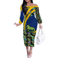 Saint Vincent and the Grenadines Iguana Off The Shoulder Long Sleeve Dress with Tropical Leaf Pattern and National Flag - Wonder Print Shop