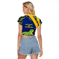Saint Vincent and the Grenadines Iguana Raglan Cropped T Shirt with Tropical Leaf Pattern and National Flag - Wonder Print Shop