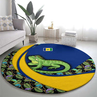Saint Vincent and the Grenadines Iguana Round Carpet with Tropical Leaf Pattern and National Flag - Wonder Print Shop