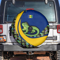 Saint Vincent and the Grenadines Iguana Spare Tire Cover with Tropical Leaf Pattern and National Flag - Wonder Print Shop