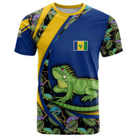 Saint Vincent and the Grenadines Iguana T Shirt with Tropical Leaf Pattern and National Flag - Wonder Print Shop