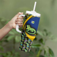 Saint Vincent and the Grenadines Iguana Tumbler With Handle with Tropical Leaf Pattern and National Flag - Wonder Print Shop