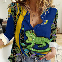 Saint Vincent and the Grenadines Iguana Women Casual Shirt with Tropical Leaf Pattern and National Flag - Wonder Print Shop