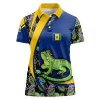 Saint Vincent and the Grenadines Iguana Women Polo Shirt with Tropical Leaf Pattern and National Flag - Wonder Print Shop