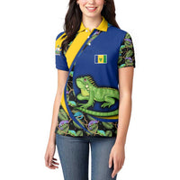 Saint Vincent and the Grenadines Iguana Women Polo Shirt with Tropical Leaf Pattern and National Flag - Wonder Print Shop