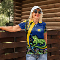 Saint Vincent and the Grenadines Iguana Women Polo Shirt with Tropical Leaf Pattern and National Flag - Wonder Print Shop