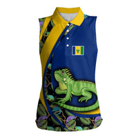 Saint Vincent and the Grenadines Iguana Women Sleeveless Polo Shirt with Tropical Leaf Pattern and National Flag - Wonder Print Shop