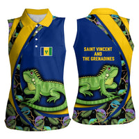 Saint Vincent and the Grenadines Iguana Women Sleeveless Polo Shirt with Tropical Leaf Pattern and National Flag - Wonder Print Shop