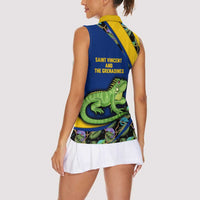 Saint Vincent and the Grenadines Iguana Women Sleeveless Polo Shirt with Tropical Leaf Pattern and National Flag - Wonder Print Shop