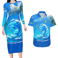 Saint Vincent and the Grenadines Dolphin Couples Matching Long Sleeve Bodycon Dress and Hawaiian Shirt with Ocean Wave and Tropical Island Design - Wonder Print Shop