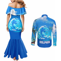Saint Vincent and the Grenadines Dolphin Couples Matching Mermaid Dress and Long Sleeve Button Shirt with Ocean Wave and Tropical Island Design - Wonder Print Shop