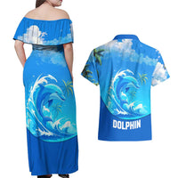 Saint Vincent and the Grenadines Dolphin Couples Matching Off Shoulder Maxi Dress and Hawaiian Shirt with Ocean Wave and Tropical Island Design - Wonder Print Shop