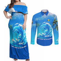 Saint Vincent and the Grenadines Dolphin Couples Matching Off Shoulder Maxi Dress and Long Sleeve Button Shirt with Ocean Wave and Tropical Island Design - Wonder Print Shop